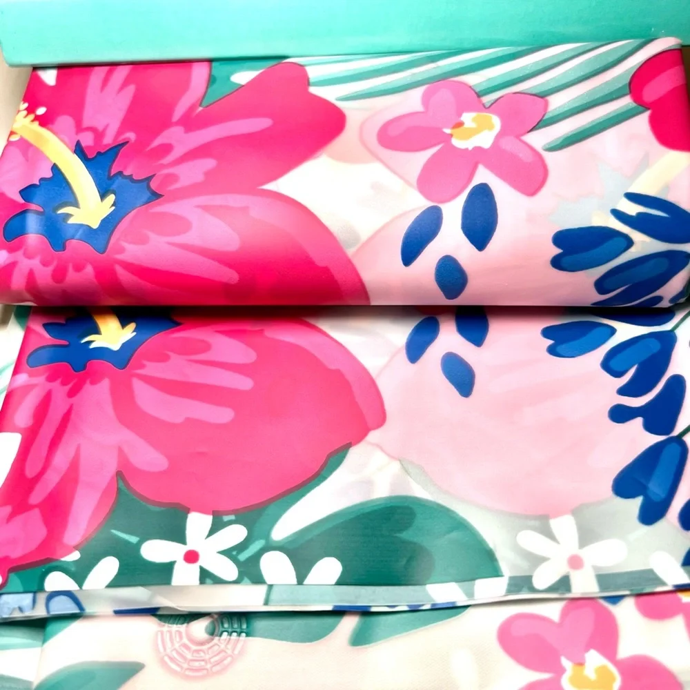 Tropical Fiesta Hibiscus Flowers & Leaves Peva Shower Curtain Pink Green